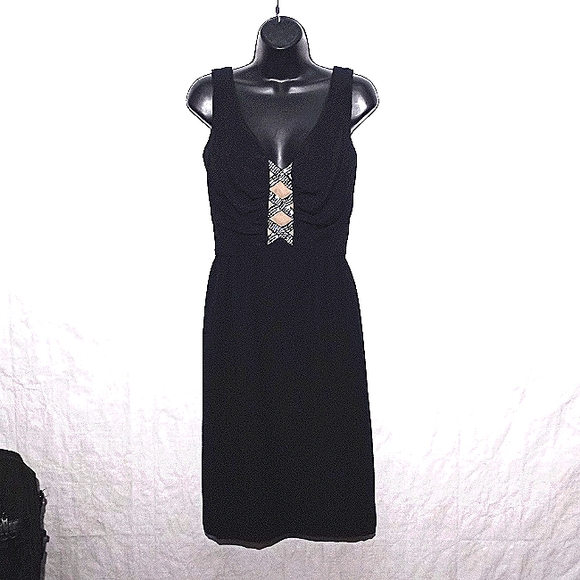 VINTAGE VICTOR COSTA Black Sheath Dress with Illusion Bodice w/Rhineston… - Picture 1 of 6